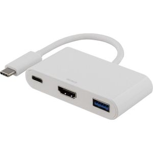 DELTACO USBC-1171, Multiport adapter USB-C naar HDMI (3840x2160 @ 30Hz), USB 3.1 en USB-C PD4 60W adapter wit