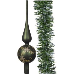 Luxe glazen piek gedecoreerd 31 cm- met kerstslinger 270 cm -donkergroen -kerstversiering