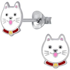 Oorbellen kinderen | Zilveren oorstekers, witte kattenkop