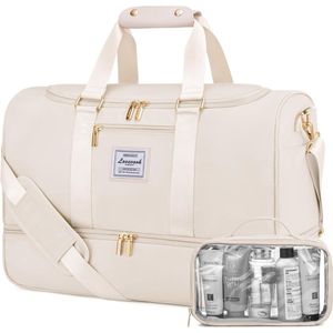 Grote tas met toilettas - Beige/creme - 49 x 23 x 33 cm - Met apart schoenenvak - Sporttas, reistas, gymtas - 2-delige tassen set - Schoudertas voor dames - 37L - Gouden hardware - Waterbestendig - Veel opbergruimte