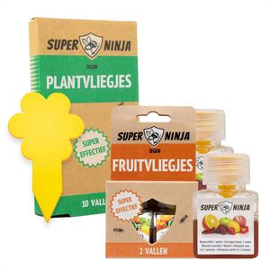 Super Ninja Fruitvliegjes Vanger Bundel - 10 Gele Stickers en 2 Fruivliegjes Vallen - Zeer Effectieve en Ecologische Insectenval om Fruitvliegjes en Rouwvliegjes te Bestrijden