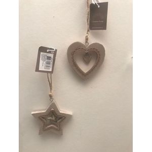 Set van 2 houten ornamenten ster & hart kersthangers 10cm