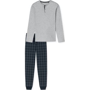 SCHIESSER Fine Interlock pyjamaset - heren pyjama lang interlock manchetten knoopsluiting geruit grijs-melange - Maat: M