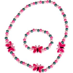 Kinderketting en armbandje kraaltjes met vlinders roze en groen