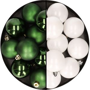 24x stuks kunststof kerstballen mix van wit en donkergroen 6 cm - Kerstversiering
