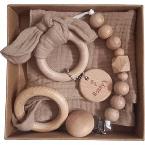 Rosey´s - baby giftset Taupe - bijtring - speenkoord - knuffeldoekje - kraamcadeau - babyshower baby speelgoed 0 jaar - babyshower - Geschenkset Baby - Kraamcadeau Meisje - Kraamcadeau Jongen - Geboorte Cadeau - Baby Geschenkset - Kraampakket