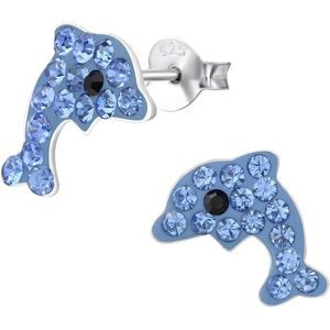 zilveren kinderoorbellen dolfijn donker blauw 32 kristal | Oorknopjes Meisje Zilver | Zilverana | Sterling 925 Silver