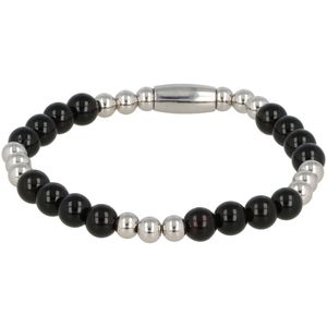 *Elastische zilveren kralenarmband met Onyx edelstenen - Luxe zilveren armband door combinatie van Onyx edelstenen met edelstalen balletjes - Met luxe cadeauverpakking