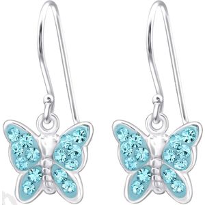 Joy|S - Zilveren vlinder bedel oorbellen - oorhangers - blauw kristal - kinderoorbellen