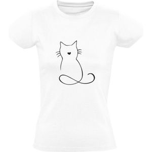 Kat | Dames T-shirt | Wit | Cat | Kitten | Poes | Tekening | Dierendag | Huisdier