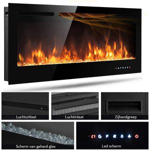 Openhaard Elektrisch - Houtvuureffect - Touchscreen - Glas Paneel - Wandmontage - 900/1800W - 102 cm - Zwart