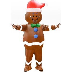 KIMU® Opblaas Kostuum Gingerbread Man - Opblaasbaar pak - Kerstpak Mascotte Opblaaspak - Opblaasbare Kerst Pop Koekje Poppetje Dames Heren Festival