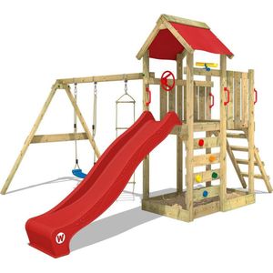WICKEY speeltoestel klimtoestel MultiFlyer met schommel en rode glijbaan, outdoor kinderspeeltoestel met zandbak, ladder & speelaccessoires voor de tuin