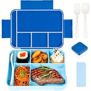 Broodtrommel voor kinderen met vakken, 1330 ml lunchbox voor kinderen, lekvrij, snackbox met 6 vakken, bestekset, BPA-vrij, bento box voor volwassenen, magnetronbestendig, voor school, werk,