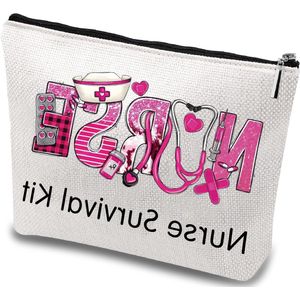 Survival Kit Canvas Make-up Tassen Cosmetische Tas met Metalen Rits - Roze Verpleegster