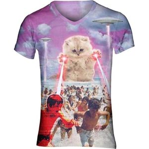 Fluffball the destroyer Festival shirt - Maat: XL - V-hals - Feestkleding - Festival Outfit - Fout Feest - T-shirt voor festivals - Rave party kleding - Rave outfit - Kattenshirt - Nineties