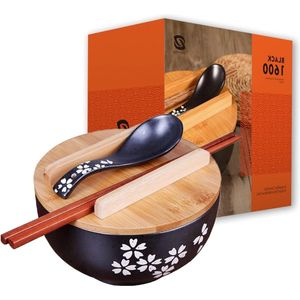 Ramen Bowl 1000 ml Zwarte Keramische Noedels Soepkom Voor Salade Ontbijtgranen - Vaatwasmachinebestendig en Magnetronbestendig (1 Set)