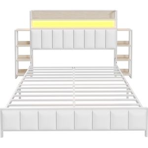 Merax Queensize Tweepersoonsbed 160x200 cm - Kunstleer Gestoffeerd Bed met Opslag en LED Verlichting Bedframe Inclusief Hoofdbord met Planken - Wit Imitatieleer