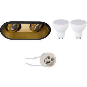 LED Spot Set - Proma Zano Pro - GU10 Fitting - Inbouw Ovaal Dubbel - Mat Zwart/Goud - 6W - Natuurlijk Wit 4200K - Kantelbaar - 185x93mm