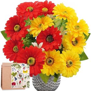 12 hoofden chrysant nep bloemen geel en rood, 2 trossen kunstmatige herfst chrysant bloemen met wenskaart & papieren zak, kunstbloemen voor thuis tafeldecoratie geschenken kantoordecoratie