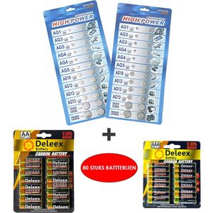 80 Stuks Batterijen Mix AG1/AG3/AG4/AG5/AG10/AG12/AG13/CR2016 CR2025 CR2032 - LR621-LR41 -LR626 -LR754 -LR1130 - LR43 LR44 AA/AAA Penlite- Knoopcel batterijen, Horlogebatterijen