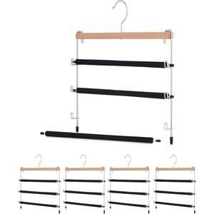 Ruimtebesparende broekhanger set van 5 - Suitable voor 3 stangen - Antislip kledinghanger - Metaal en hout - Zwart en natuur