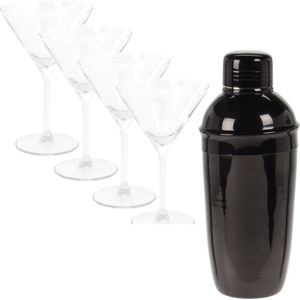 4x Cocktailglazen / martiniglazen 260 ml van glas + Cocktailshaker zwart 500 ml RVS 9 x 22 cm - Cocktails maken - Mix/shake bekers