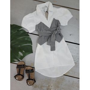 Witte blouse jurk met zwart witte geblokte midden print meiden meisjes soepel voorjaar zomer maat 8/8Y