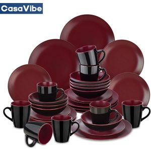 CasaVibe Luxe Serviesset – 32 delig – 8 persoons – Porselein - Bordenset – Dinner platen – Dessertborden - Kommen - Mokken - Set - Rood - Zwart