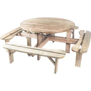 Thuishout | Ronde 8 Persoons Tuintafel 218cm x 218cm Villach | Duurzaam Behandelde Tuin Tafel | Grenen Hout Picknicktafel