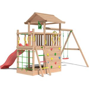 Jungle Gym Speeltoestel van Douglas Hout - Jungle Cavern met Rode Glijbaan - Tuin Speeltoestel voor buiten met Zandbak, Schommel en Speelhuisje