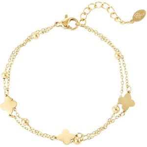 Joy Ibiza - klaver armband - cleef design dubbel layer - bolletjes bloem - boho - bohemian style - stainless steel - ip/pvd goldplated