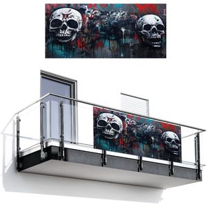 Balkonscherm 200x90 cm - Balkonposter Schedels - Graffiti - Abstract - Balkon scherm decoratie - Balkonschermen - Balkondoek zonnescherm