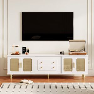 Sweiko TV kast, Lade kast, Retro stijl TV meubels, Gouden handvatten, Ruime opbergruimte, met rotan deuren en metalen poten, Wit