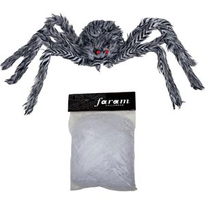 Horror spin groot inclusief XL spinnenweb - Halloween decoratie/versiering - grijs - 60 cm
