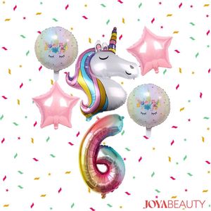 Joya® 6 jaar Unicorn Feestset | Kinderverjaardag Versier Decoratie Pakket | Helium Ballonnen Unicorn | Eenhoorn Verjaardag Leeftijd Zes Jaar