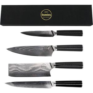 Sumisu Knives - Sumisu messenset 4-delig black - Chef Black collection - 100% damascus staal - Geleverd in luxe geschenkdoos - Cadeau - barbecue accessoires
