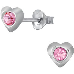 Joy|S - Zilveren mini hartjes oorbellen - 3 mm - roze kristal - oorknopjes voor kinderen