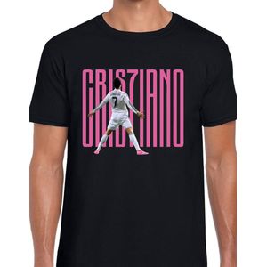 Ronaldo Uniseks T-Shirt - Zwart text roze- Maat M - Korte mouwen - Ronde hals - Normale pasvorm - Cristiano ronaldo - Voetbal - Voor mannen & vrouwen - Kado -veldman prints & packaging