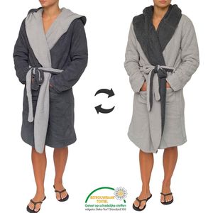 Luxe badjas - lichtgrijs en donkergrijs effen - dubbelzijdig - capuchon - extra zachte badstof - micro fleece - maat L/XL - Cadeau - Oeko-Tex Standard 100
