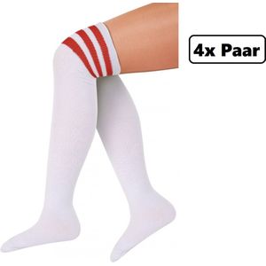 4x Paar Lange sokken wit met rode strepen - maat 36-41 - kniekousen overknee kousen sportsokken cheerleader carnaval voetbal hockey unisex festival