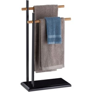 Relaxdays handdoekrek 2 armig - metaal - handdoekhouder bamboe - handdoekenrek zwart