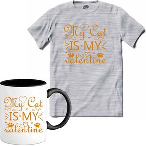 My Cat Is My Valentine | Valentijn - Valentijnsdag - Cadeau - Kado - T-Shirt met mok - Unisex - Donker Grijs - Gemêleerd - Maat 3XL