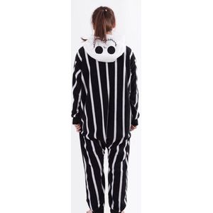 KIMU Onesie Skelet Streepjes Pak - Maat XS-S - Zwart Wit Gestreept Pak Kostuum Fleece Halloween Spooky Dames Heren Huispak Festival