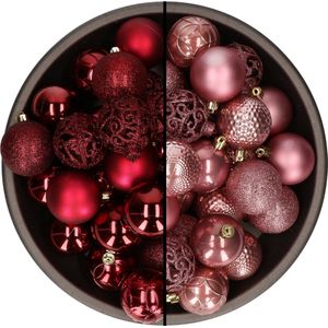 Bellatio Decorations Kerstballen mix - 74-delig - oudroze en donkerrood - 6 cm - kunststof