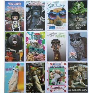 Verjaardag Wenskaarten - 12 Stuks - Dieren - 12 x 17 cm - L-199