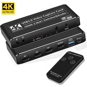 NÖRDIC VDCP-3 HDMI switch met Video Capture-functie - 3 naar 1 - HDMI2.0 4K60Hz - USB3.1 - Audio/Mic uitgang - Zwart