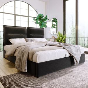 Sweiko Gestoffeerd bed 140x200cm, Verstelbaar Hoofdeinde, Bed met Metalen frame Platte noedelsvoet, fluweel, Moderne bedplaats met opbergruimte, Grote bergruimte, Zwart (geen matras)