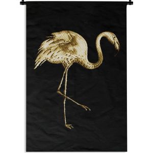 Wandkleed FlamingoKerst illustraties - Een gouden flamingo tegen een zwarte achtergrond Wandkleed katoen 60x90 cm - Wandtapijt met foto
