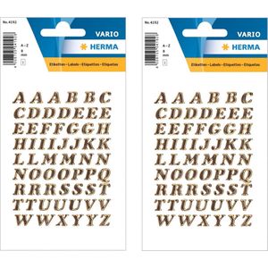 2x Stickervelletjes met 61x stuks plak letters alfabet A tot Z goud/folie 8 mm